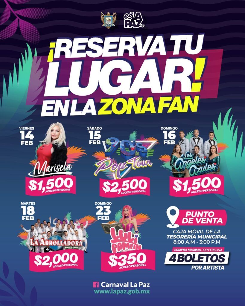 Marisela, “90’s Pop Tour” y Los Ángeles Azules encabezan el cartel; entradas desde $350 pesos para una experiencia exclusiva en Carnaval La Paz “El Mundo Baila”.