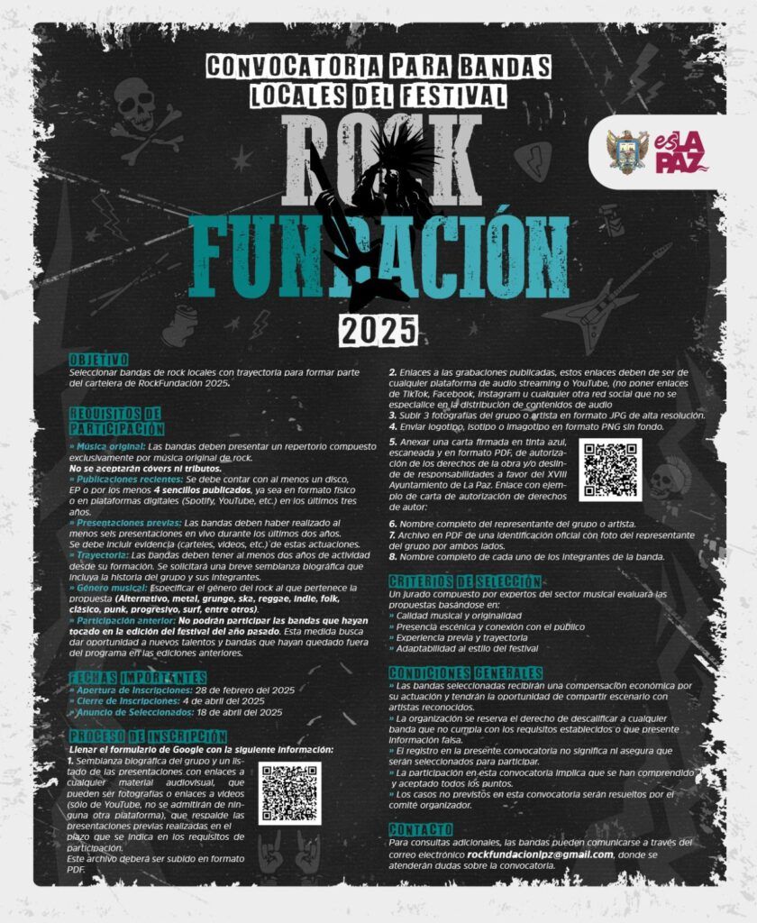 El Gobierno Municipal invita a agrupaciones con repertorio original y trayectoria a formar parte de este evento dentro de las Fiestas de Fundación de La Paz.