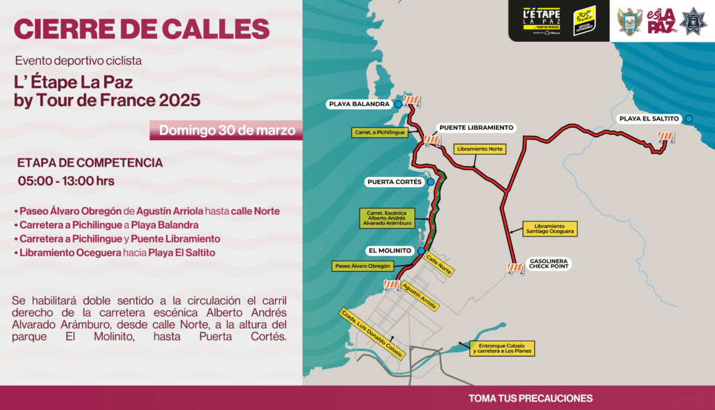 El evento de ciclismo L’ Étape La Paz by Tour de France se realizará el 30 de marzo y afectará la circulación en la zona turística y carreteras cercanas hasta el mediodía.