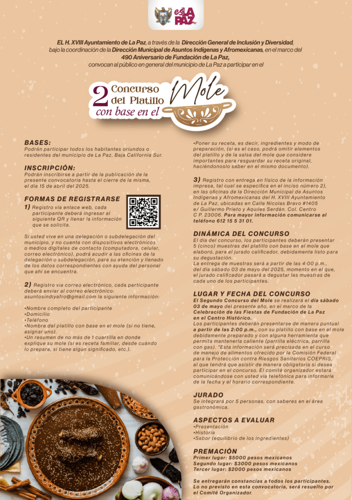 La Dirección de Asuntos Indígenas y Afromexicanas entregará premios en efectivo a las mejores recetas con mole durante las fiestas del 3 de mayo en el centro histórico.