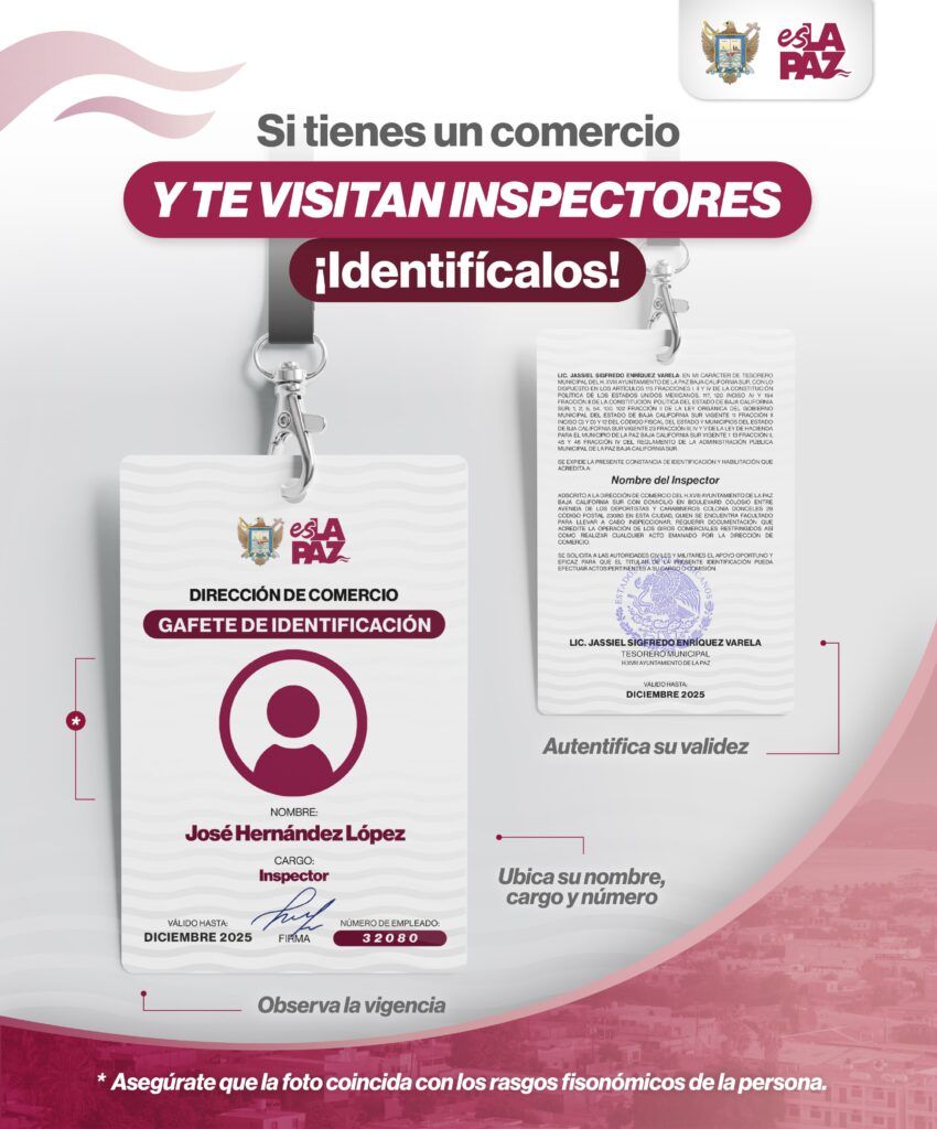 Comerciantes podrán verificar la identidad del personal de inspección con credenciales oficiales avaladas por el Ayuntamiento de La Paz.