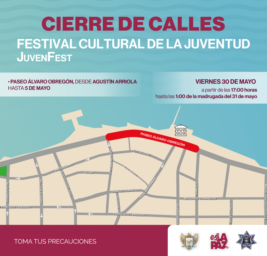 En el marco del “JuvenFest”, la circulación vial se suspenderá de 17:00 a 1:00 a.m. en el tramo entre Agustín Arriola y 5 de Mayo. Se exhorta a la ciudadanía a tomar precauciones y seguir indicaciones.