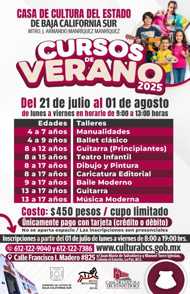 Del 21 de julio al 1 de agosto, la Casa de Cultura ofrecerá talleres artísticos para niñas, niños y adolescentes.