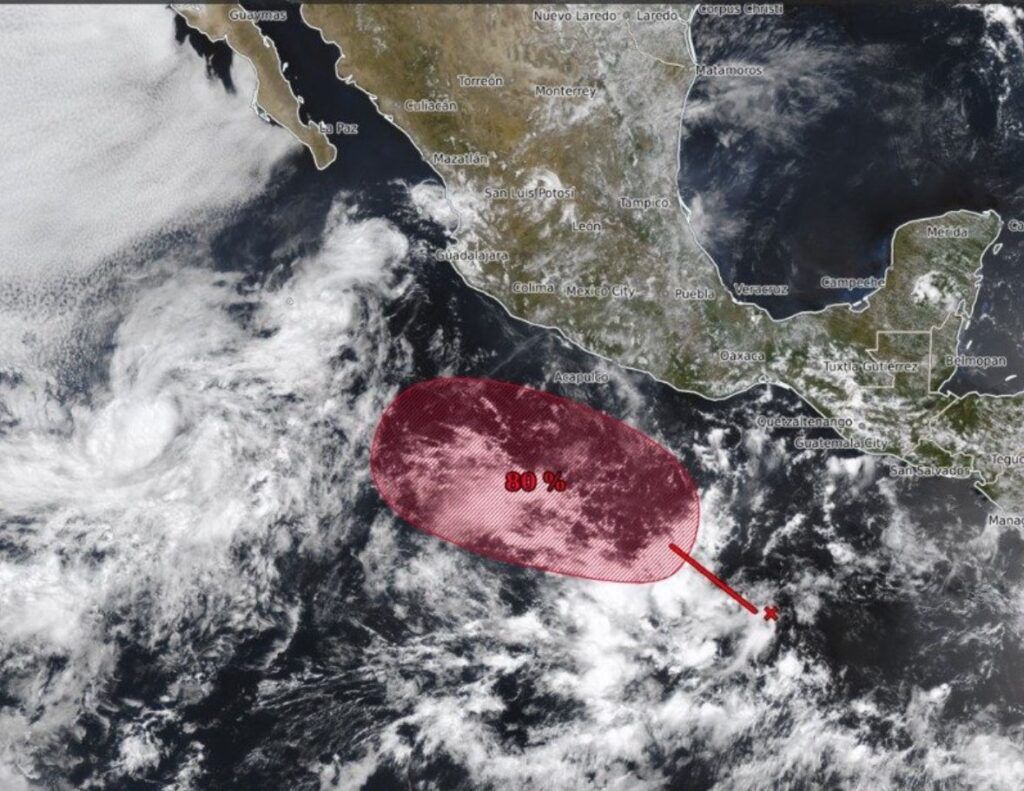 CONAGUA advierte que podría evolucionar a ciclón tropical este fin de semana frente a Guerrero y Michoacán.