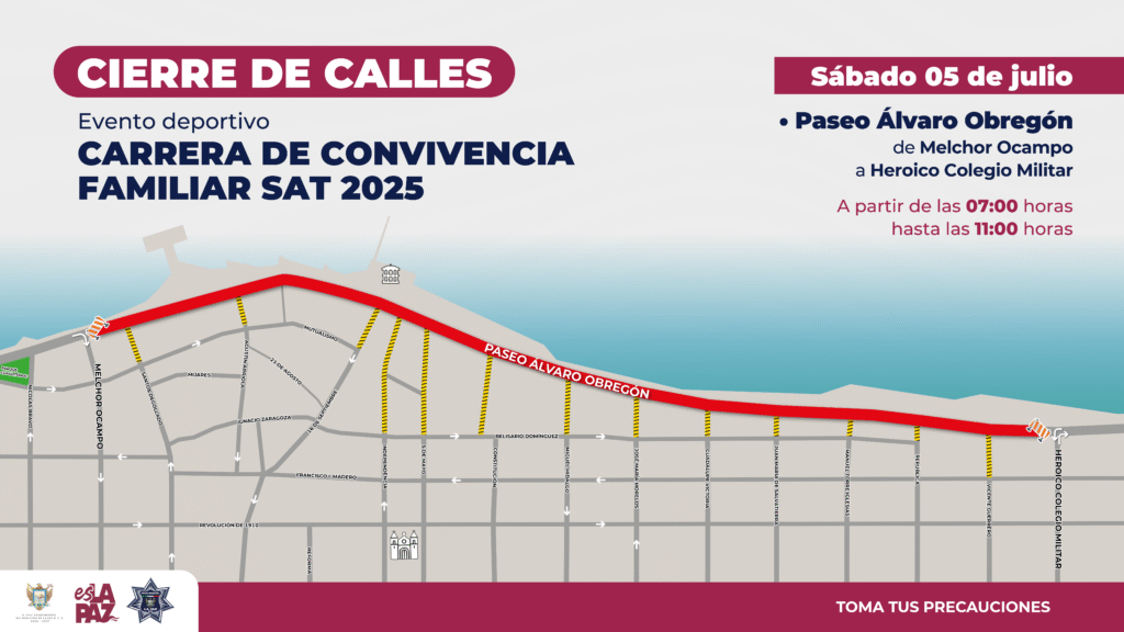 El sábado 5 de julio, de 7:00 a 11:00 horas, se restringirá la circulación en el malecón tramo Melchor Ocampo a Heroico Colegio Militar; autoridades llaman a conducir con precaución.
