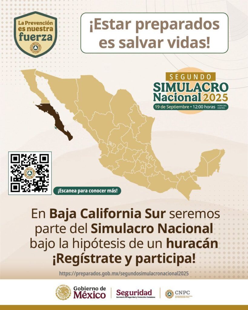 El simulacro se realizará el 19 de septiembre bajo la hipótesis de huracán, con activación de alerta nacional en teléfonos celulares.