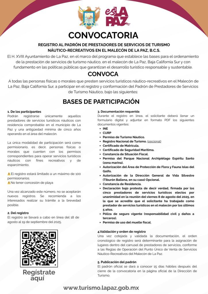 El Ayuntamiento de La Paz lanza convocatoria en línea para operadores náutico-recreativos con experiencia y permisos vigentes.