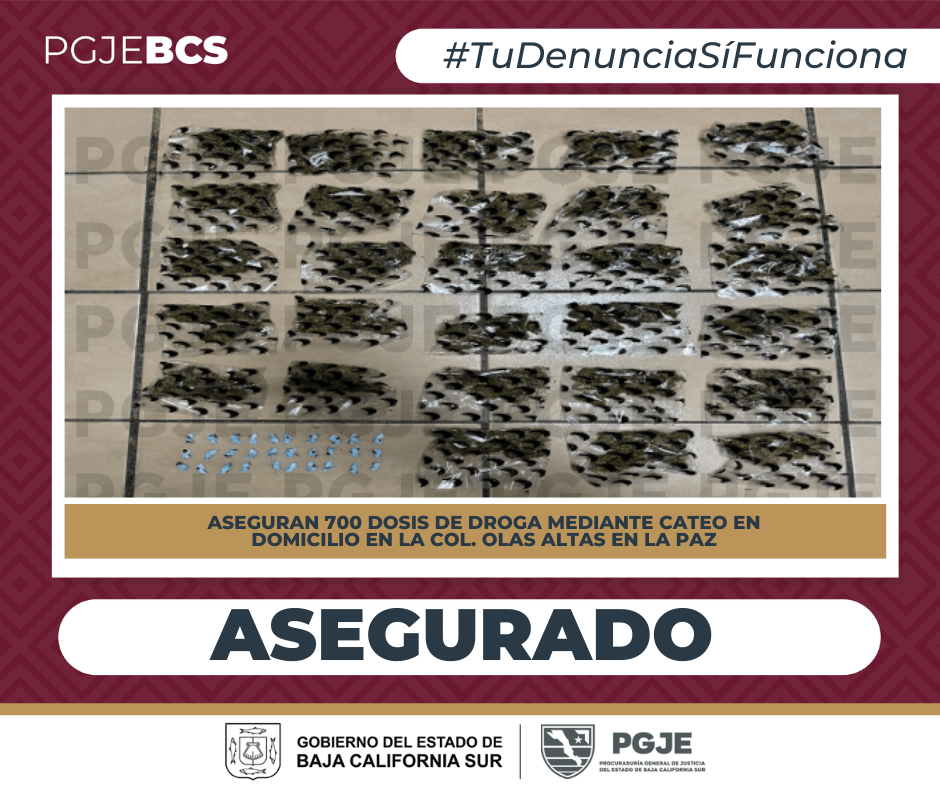 La acción derivó de denuncias anónimas ciudadanas; agentes estatales, con apoyo de SEMAR, localizaron drogas marihuana y cristal en un domicilio de La Paz.