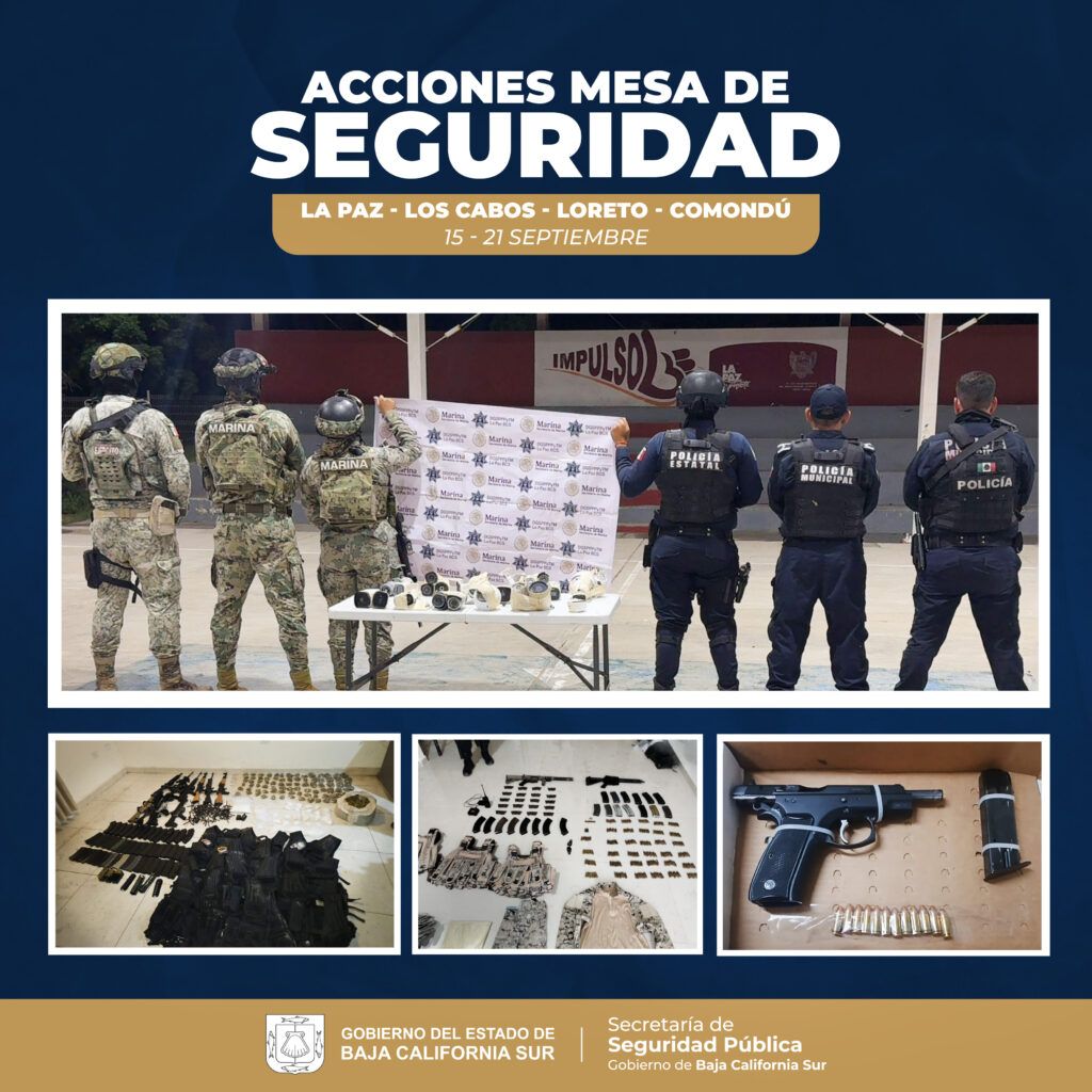La Mesa Estatal de Seguridad realizó despliegues en La Paz, Los Cabos, Comondú y Loreto; desactivaron 30 cámaras ilegales y decomisaron armas, dosis de droga y equipo táctico.