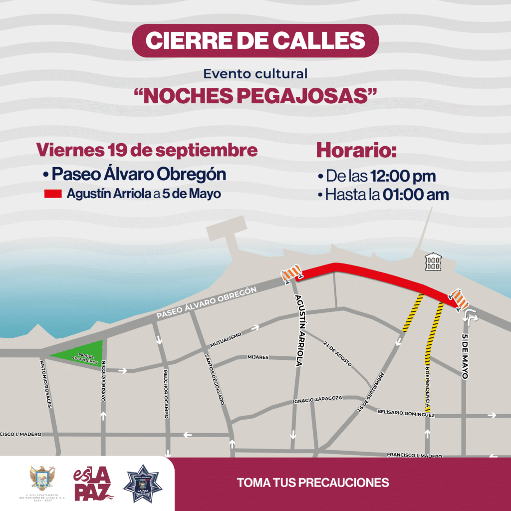 Este viernes 19 de septiembre se bloquea el Paseo Álvaro Obregón de Agustín Arriola a 5 de Mayo desde las 12:00 h hasta la 1:00 h del sábado 20; piden usar rutas alternas.