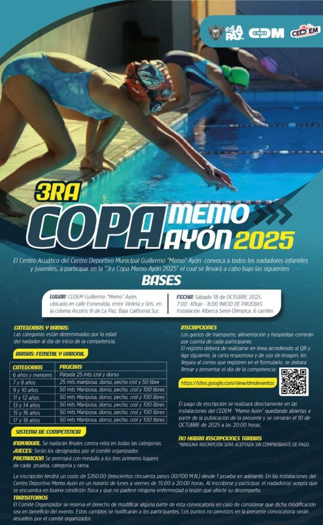 El 18 de octubre en el CEDEM Guillermo “Memo” Ayón; categorías de 6 a 18 años y pruebas de 25, 50 y 100 metros.