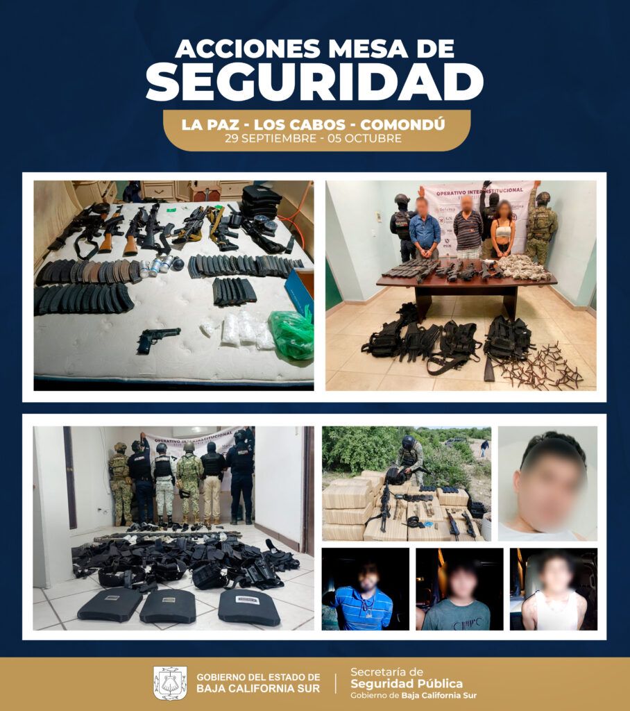 Detienen a objetivos prioritarios y aseguran armas, drogas y equipo táctico en La Paz, Los Cabos y Comondú.