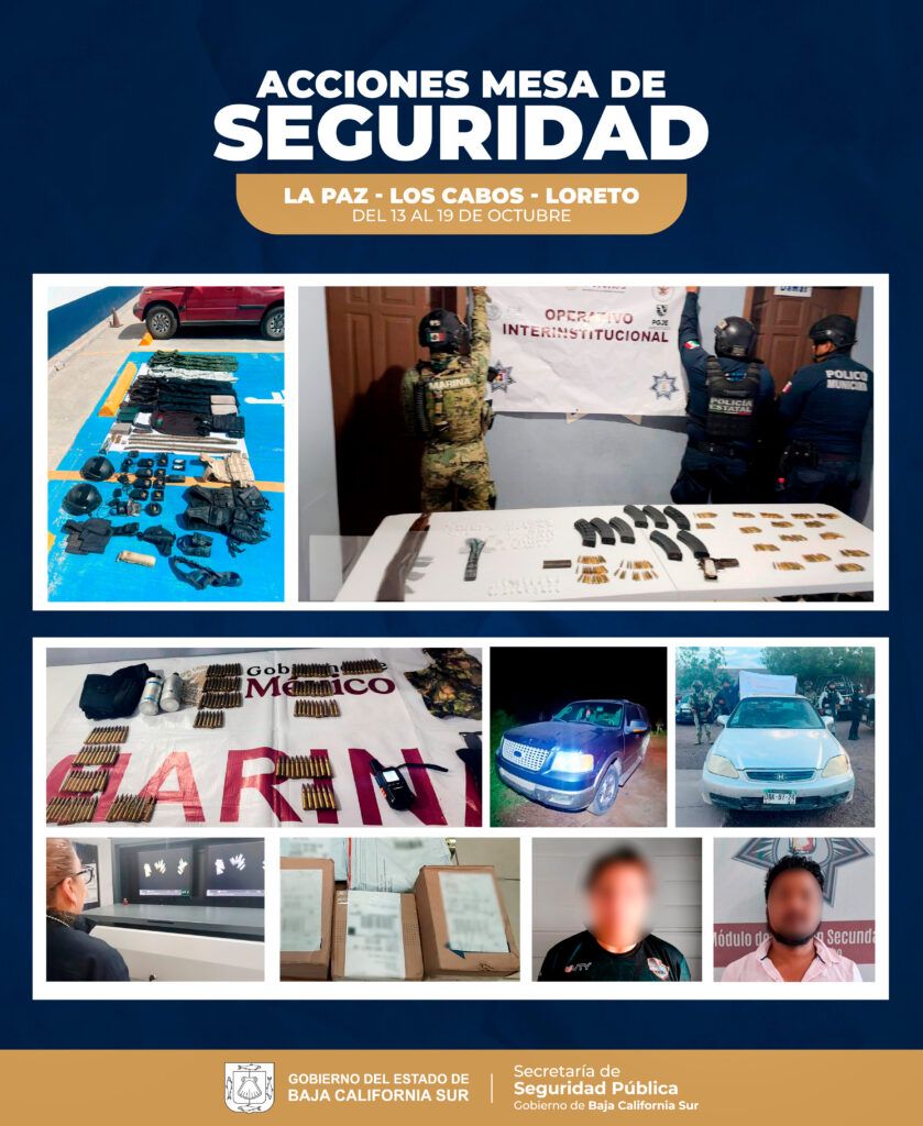 La Mesa Estatal de Seguridad reporta acciones en La Paz, Los Cabos y Loreto con detenciones, decomisos y coordinación interinstitucional.