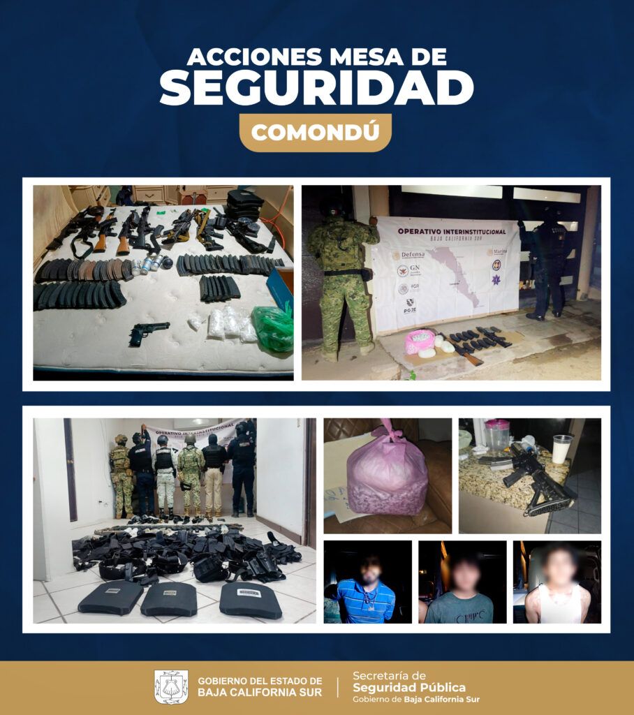La Mesa Estatal de Seguridad reporta la captura de Luis Alberto “N”, alias “moto ratón”, y el aseguramiento de armas, cargadores, radios y presunta droga en Comondú y Loreto.