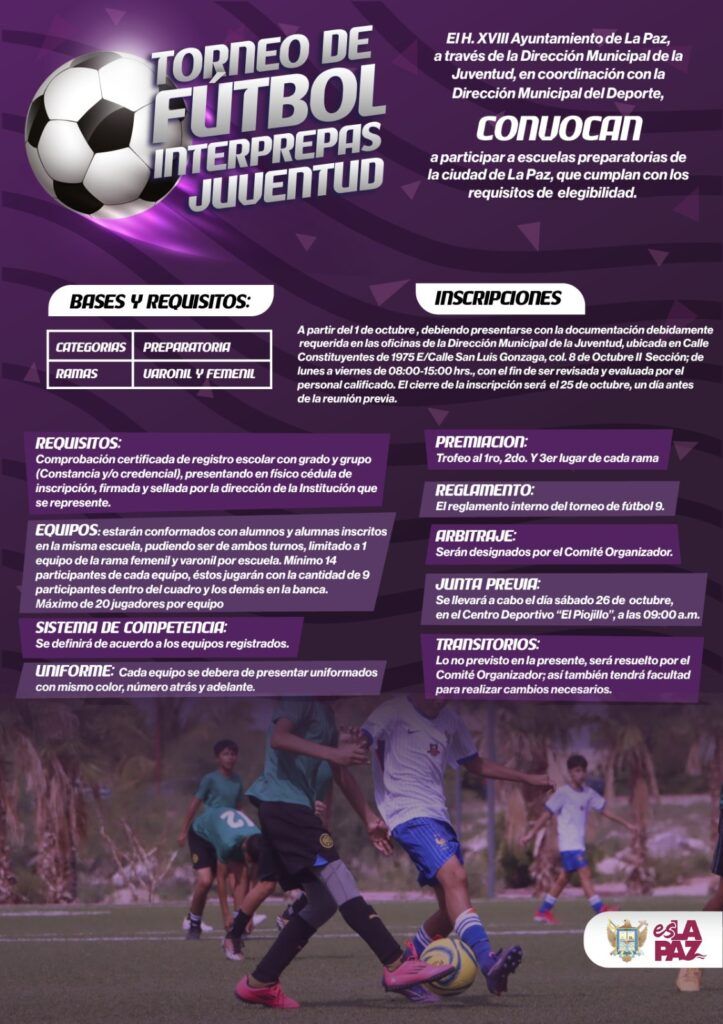 Dirección Municipal de la Juventud lanza torneo para preparatorias; inscripción 1–25 de octubre y arranque el 8 de noviembre.