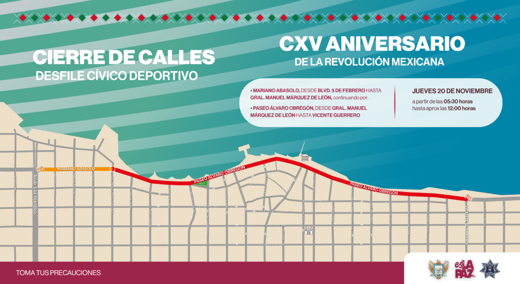 Abasolo y malecón estarán cerrados de 05:30 a 12:00 horas por el operativo de seguridad sobre la ruta del desfile.