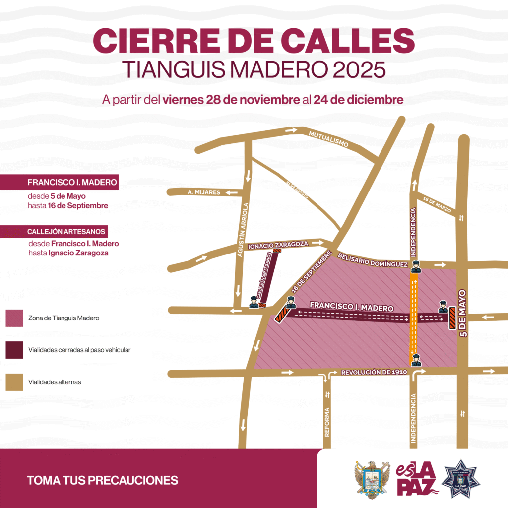 Desde este viernes 28 de noviembre se restringirá la circulación en la calle Madero y el Callejón Artesanos; Tránsito Municipal pide a la ciudadanía tomar rutas alternas y prever sus traslados.