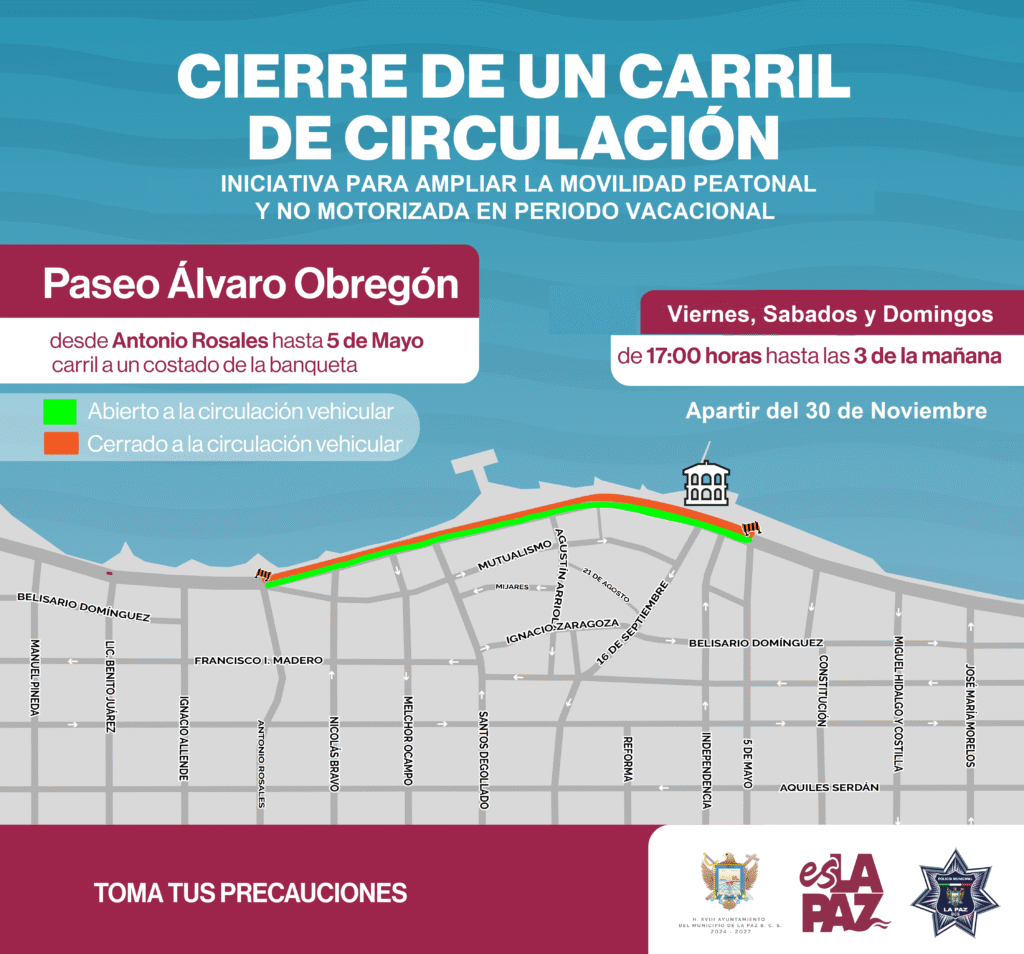 A partir de hoy, se cerrará temporalmente el carril lateral contiguo a la banqueta del malecón en el Paseo Álvaro Obregón, de 5 de Mayo a Antonio Rosales, todos los viernes, sábados y domingos de 17:00 a 3:00 horas, durante diciembre y mitad de enero.