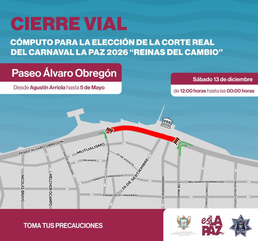 El cierre parcial será de mediodía del 13 de diciembre a medianoche del 14, por el cómputo final de la Corte Real “Reinas del Cambio”.