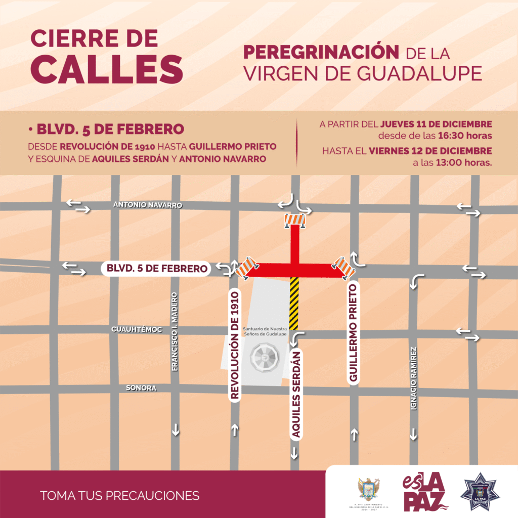 La Dirección de Movilidad y Seguridad Vial aplicará cortes a la circulación del 11 al 12 de diciembre alrededor del Santuario de Guadalupe; llaman a usar rutas alternas y respetar indicaciones de tránsito.