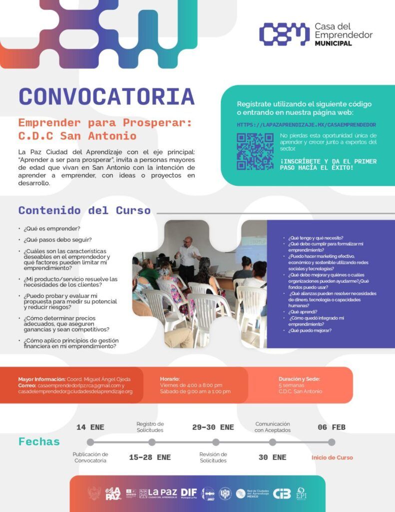 El Ayuntamiento de La Paz y la Casa del Emprendedor Municipal invitan a habitantes de San Antonio a participar en el curso gratuito “Emprender para Prosperar”
