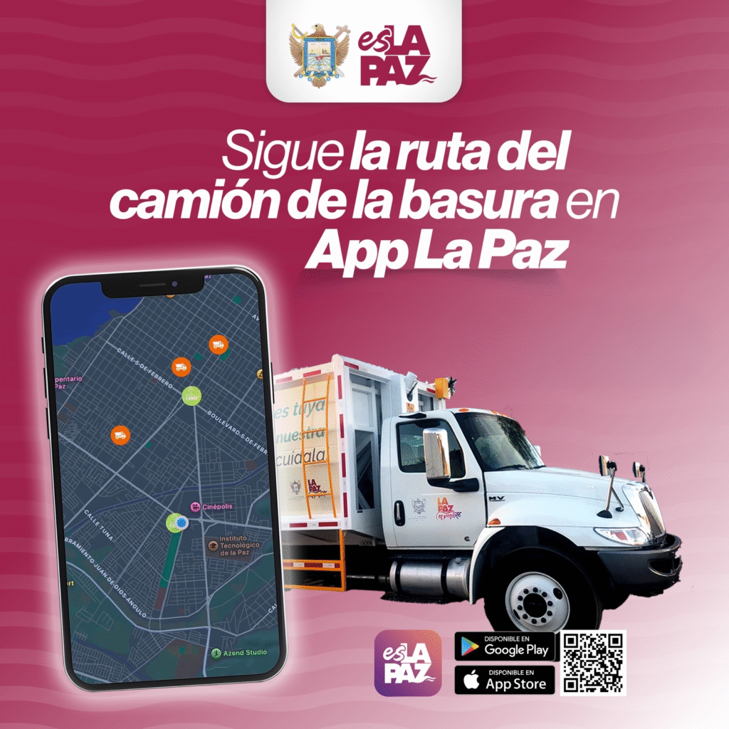 El Ayuntamiento de La Paz recordó que la ciudadanía puede consultar en tiempo real la ruta del camión recolector de basura mediante App La Paz, donde se visualizan unidades, contenedores de Ruta Cero y recorridos por día.
