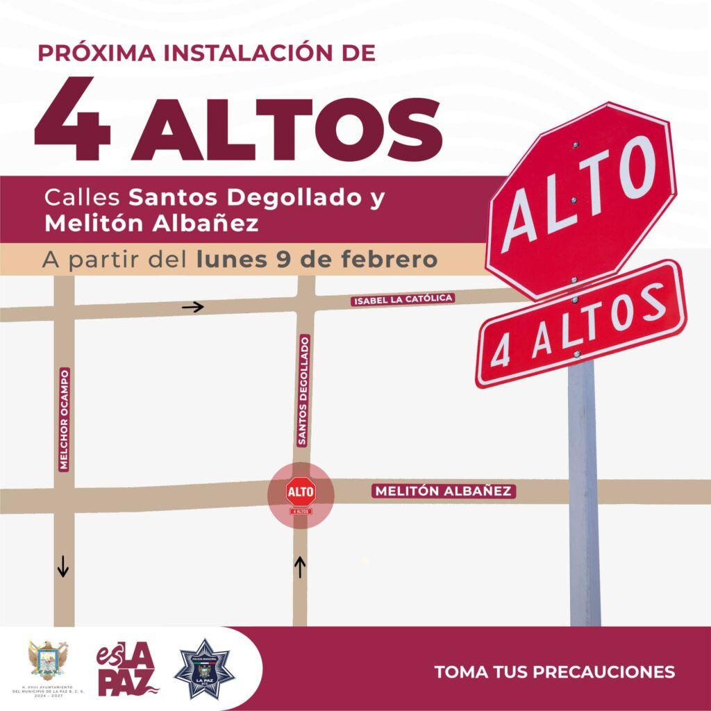 La Dirección General de Seguridad Vial y Transporte colocará señalética de Cuatro Altosen el cruce de Santos Degollado y Melitón Albañez, en la colonia Guerrero, con el objetivode mejorar la seguridad vial a partir del lunes 9 de febrero.