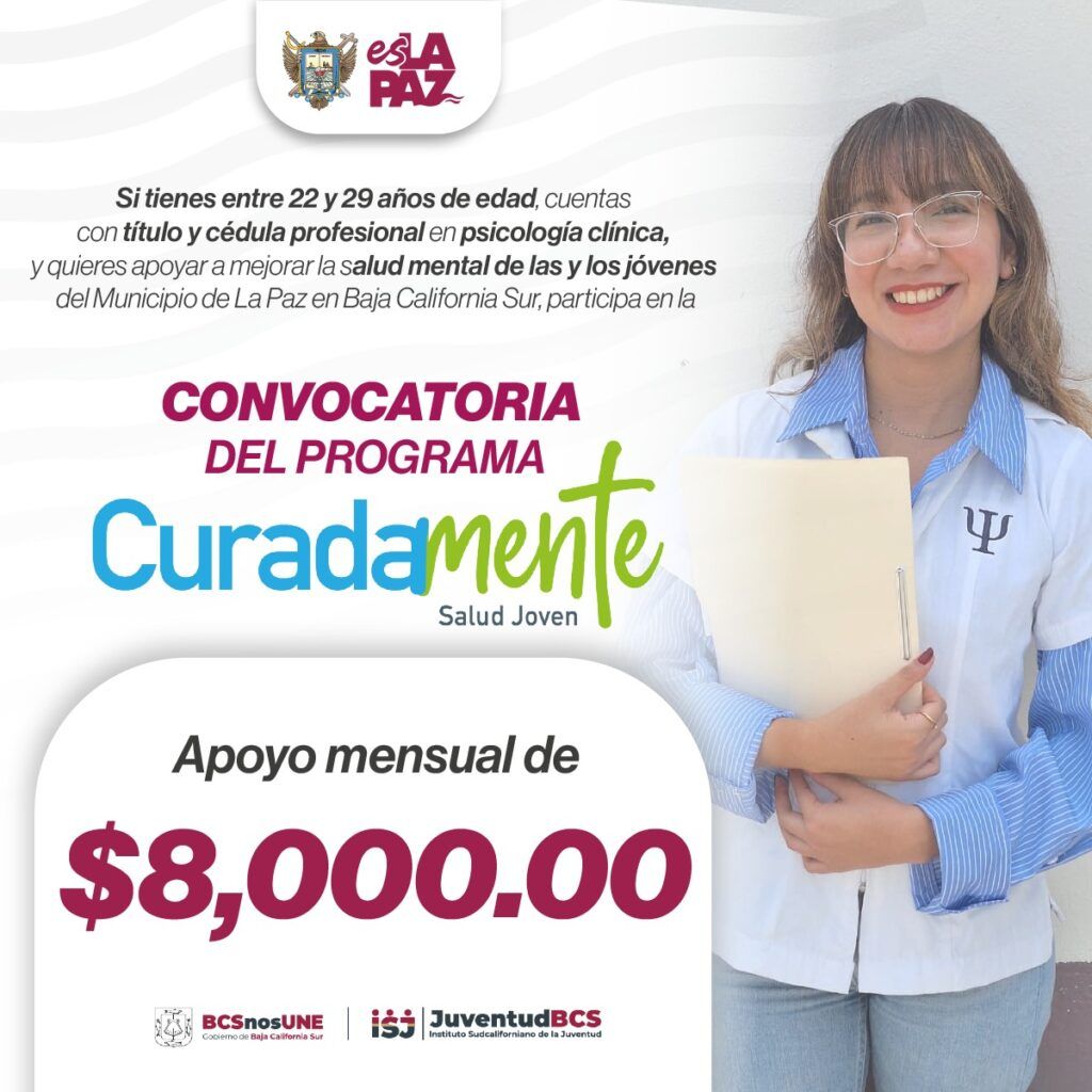Con el objetivo de fortalecer la atención a la salud mental juvenil, La Paz convoca a jóvenes profesionales para integrarse al programa Curadamente. Las bases pueden consultarse en Facebook de la Dirección de Juventud y en el sitio del ISJuventud.