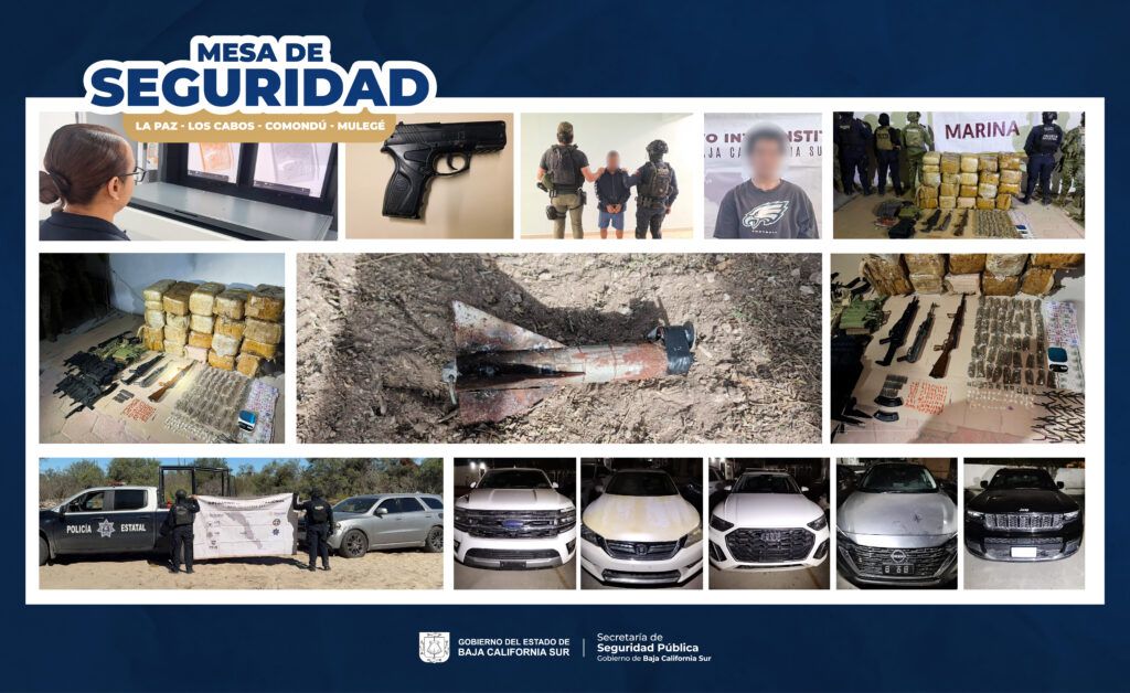 Operativos coordinados en La Paz, Los Cabos, Comondú y Mulegé dejaron decomisos de armas largas, narcóticos, artefactos explosivos y detenciones con mandamientos vigentes