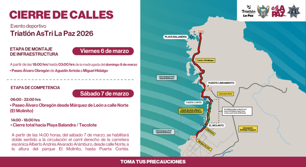 Habrá cierres en el Malecón, Paseo Álvaro Obregón y la carretera escénica hacia Balandra desde la tarde del viernes y durante el sábado.