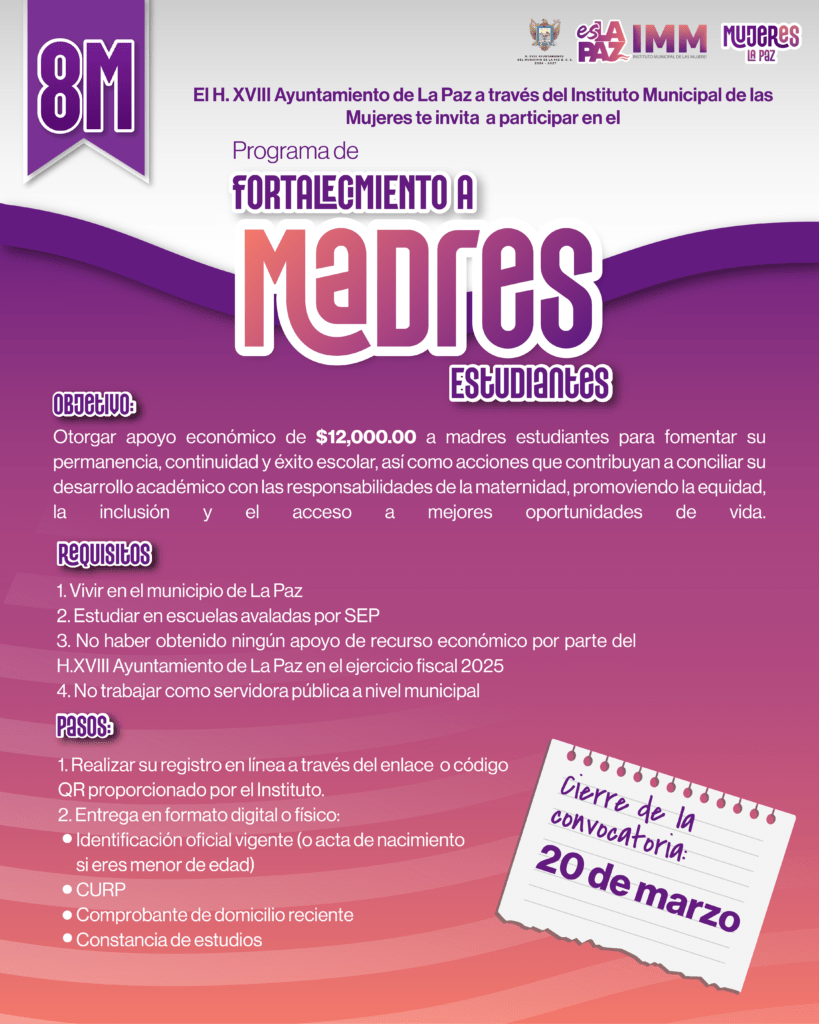 El Instituto Municipal de las Mujeres otorgará apoyo económico y acompañamiento a mujeres que continúan sus estudios mientras maternan.