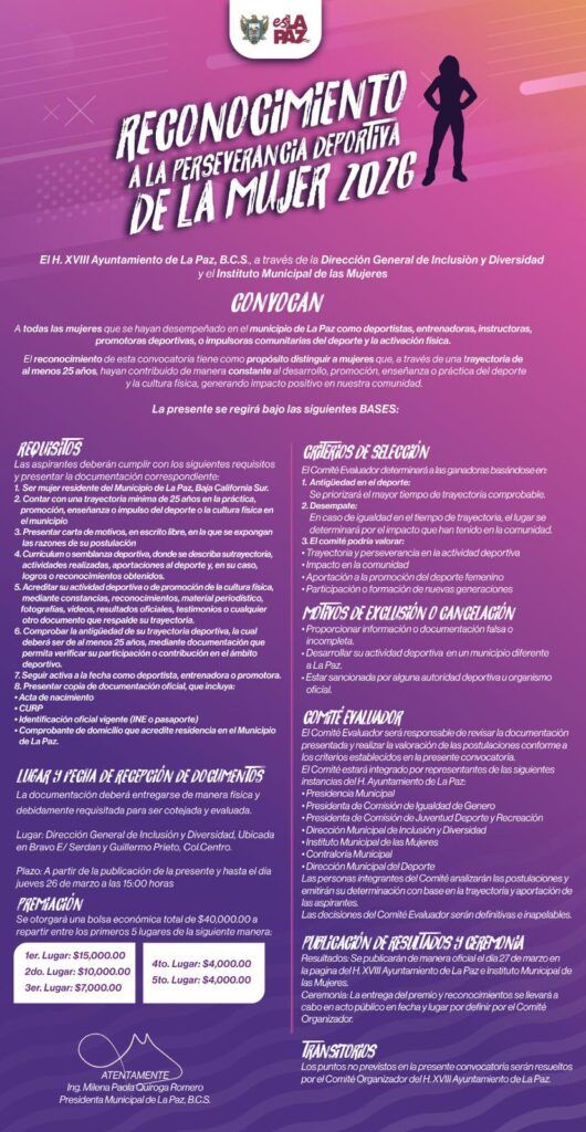 El Ayuntamiento lanza convocatoria al Reconocimiento a la Perseverancia Deportiva de la Mujer 2026, con premios por 40 mil pesos