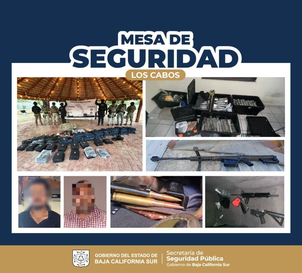 La Mesa Estatal de Seguridad informó sobre el aseguramiento de armas, equipo táctico y la detención de dos personas tras operativos desplegados en Los Cabos.