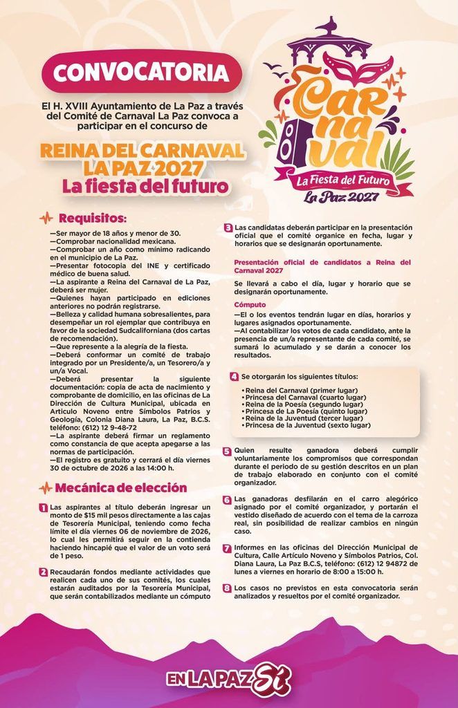 Abren convocatoria para elegir a la Reina del Carnaval La Paz 2027 “La Fiesta del Futuro”; podrán participar mujeres de entre 18 y 29 años.