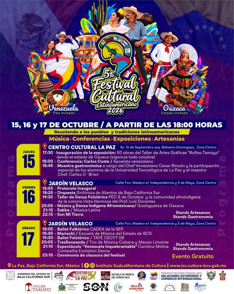Del 15 al 17 de octubre, el Jardín Velasco y el Centro Cultural La Paz recibirán actividades de música, gastronomía, artesanías, exposiciones y conferencias.
