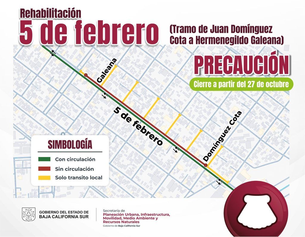 Este 27 de octubre iniciarán obras de renivelación en el bulevar 5 de Febrero de La Paz, con una inversión de 3.3 mdp y cambios temporales a la circulación.