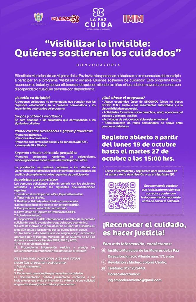 El Instituto Municipal de las Mujeres mantiene abierta una convocatoria dirigida a mayores de edad que realizan labores de cuidado sin remuneración.