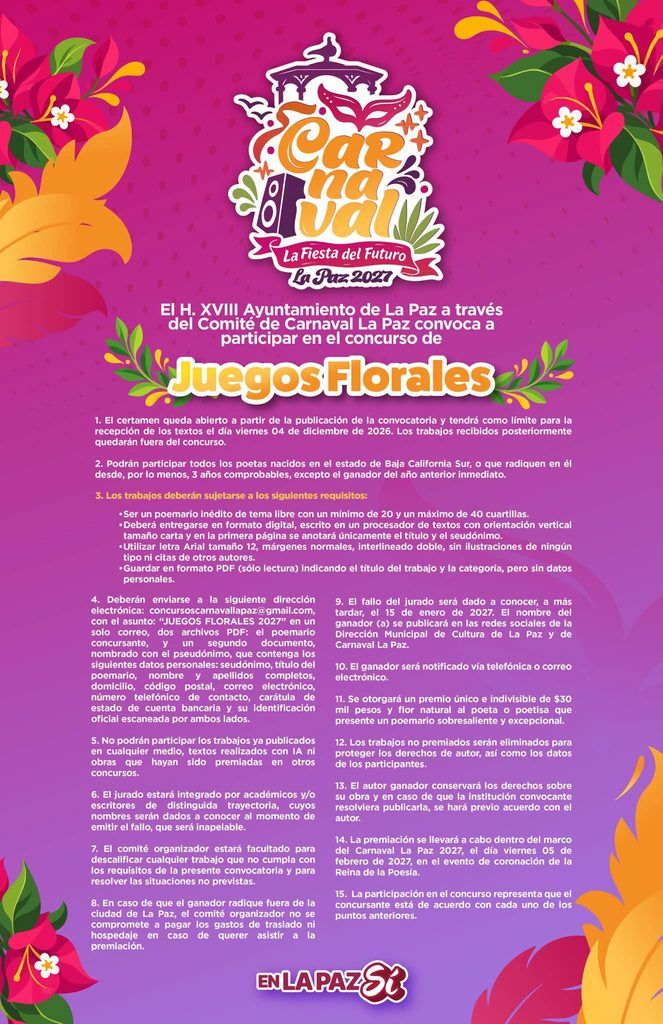 Poetas sudcalifornianos podrán participar con un poemario inédito de entre 20 y 40 cuartillas y aspirar a un premio de 30 mil pesos.
