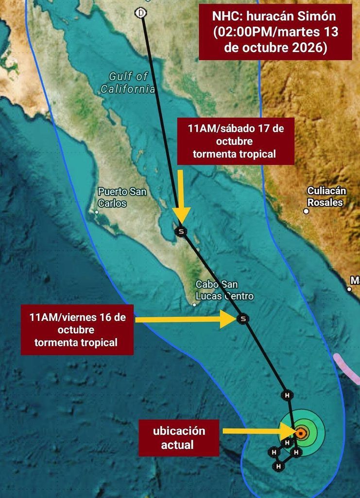 El huracán Simon podría dejar lluvias de 25 a 50 milímetros en BCS, con acumulados aislados de hasta 75 milímetros. Protección Civil mantiene vigilancia.