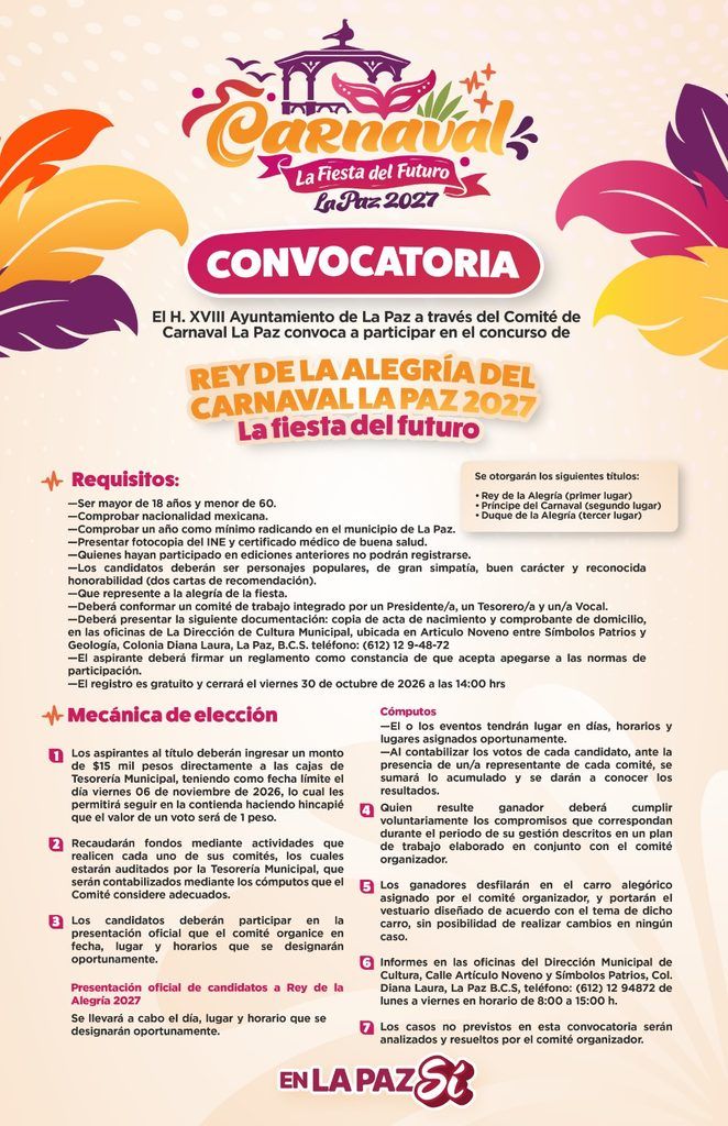 Los aspirantes deberán inscribirse en pareja, contar con al menos un año de residencia en La Paz y realizar una aportación de 15 mil pesos por participante.