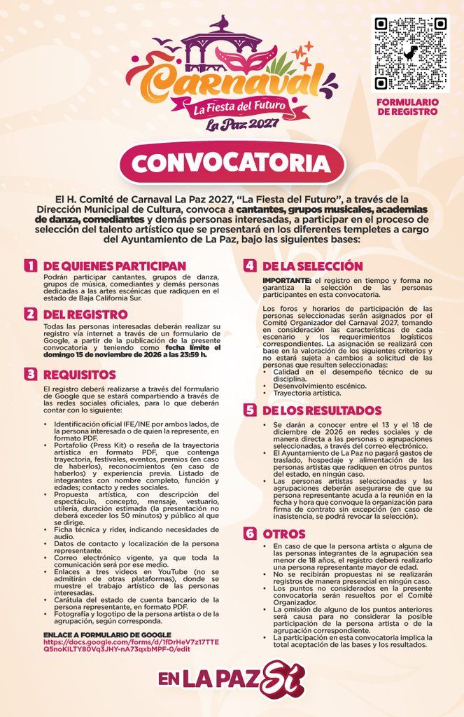 Cantantes, grupos musicales, academias de danza, comediantes y otros artistas podrán postularse mediante un formulario digital que se difundirá en las redes oficiales del Carnaval.
