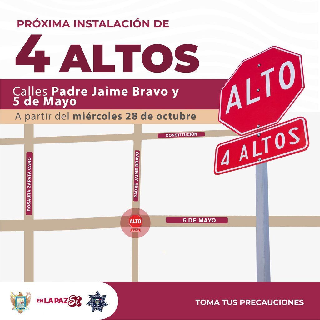 A partir del 28 de octubre, el cruce de Padre Jaime Bravo y 5 de Mayo funcionará como alto de cortesía para automovilistas, motociclistas y ciclistas.